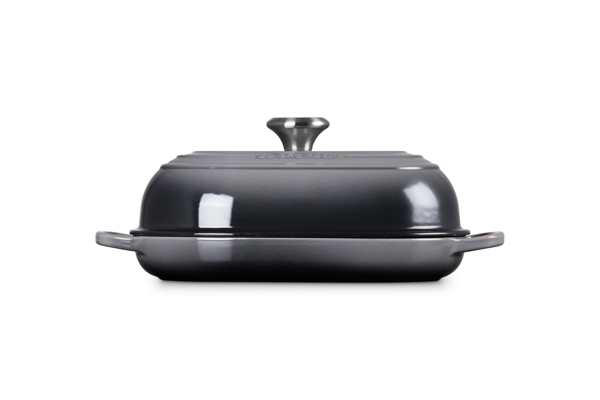 Side view of Oyster bread oven pan with lid and handles displayed on a white background