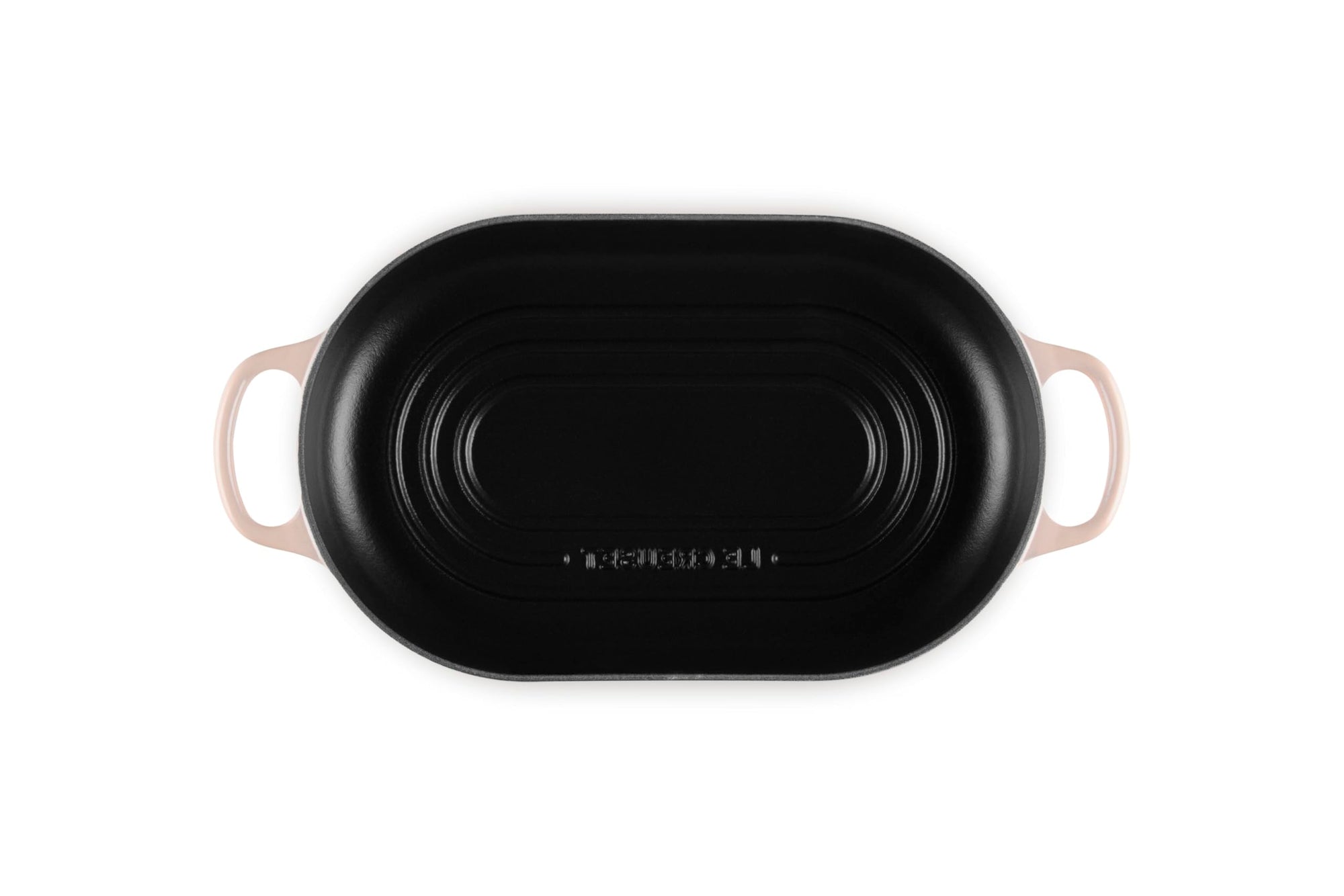 Top view of Peche bread oven pan with handles displayed on a white background