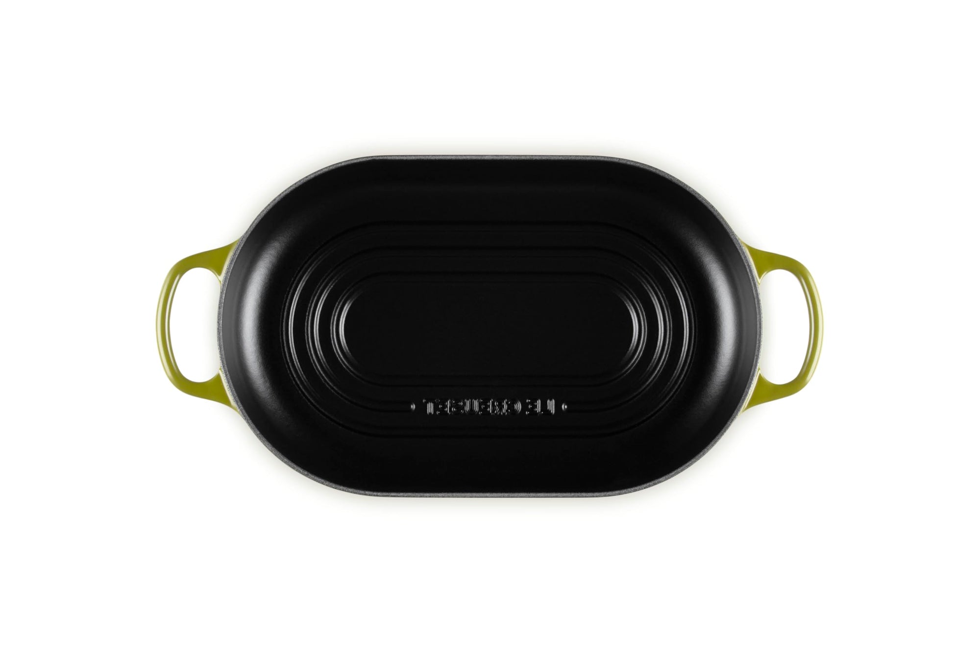 Top view of Olive bread oven pan with handles displayed on a white background