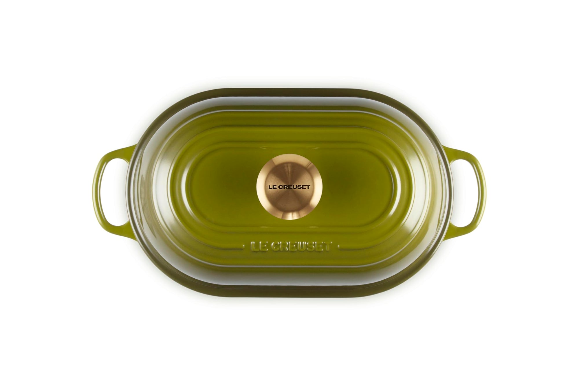 Top view of Olive bread oven pan with lid and handles displayed on a white background