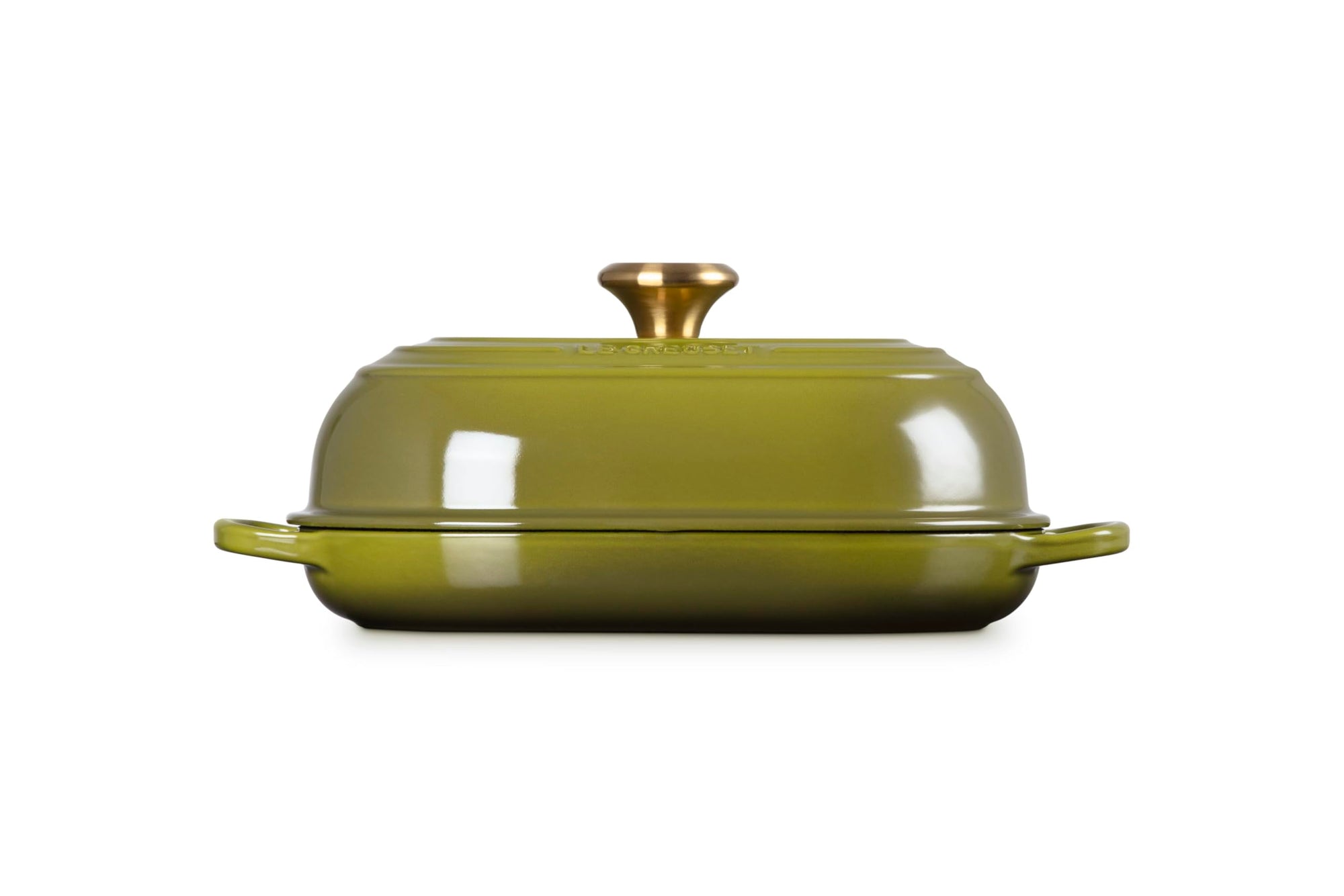 Side view of Olive bread oven pan with lid and handles displayed on a white background