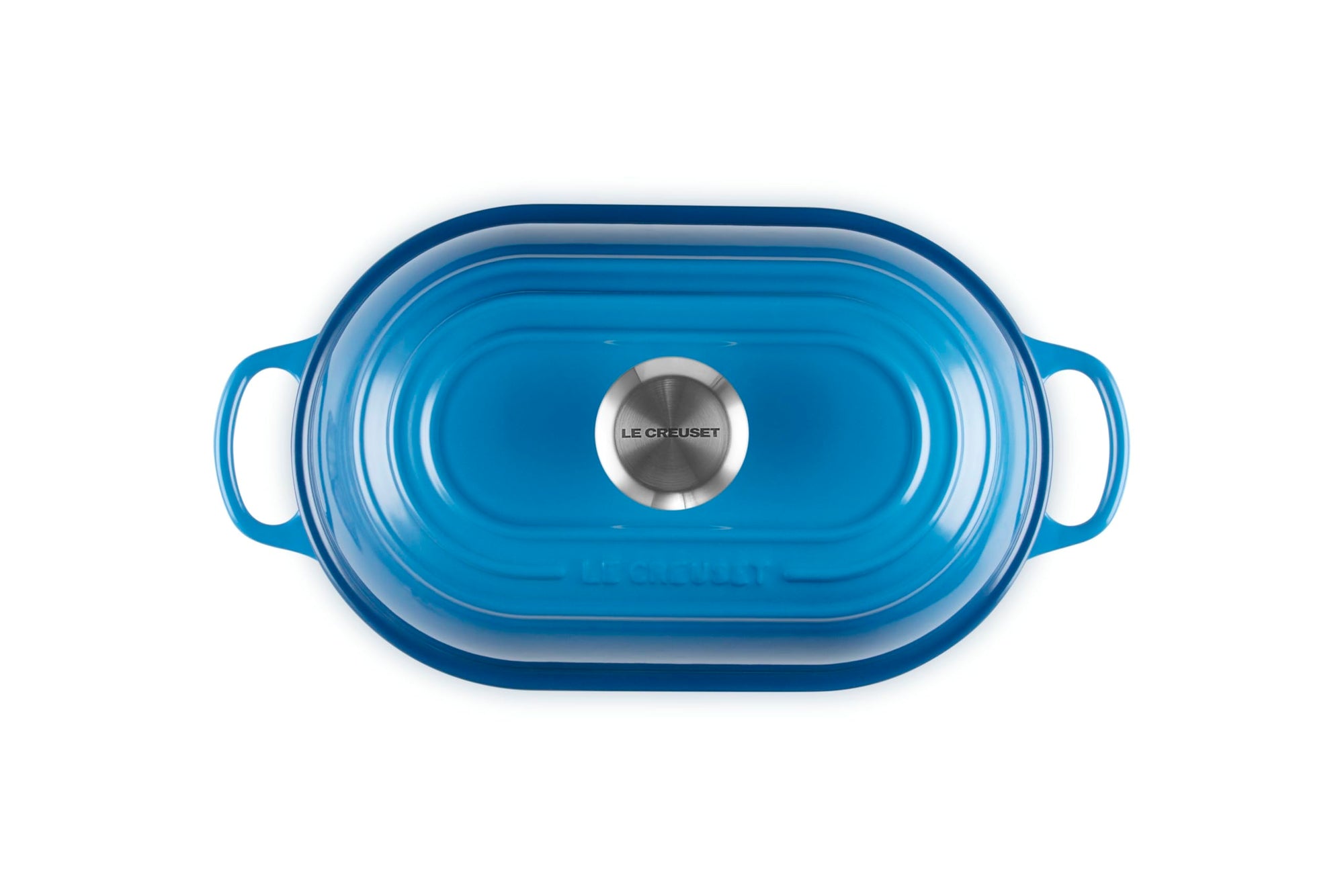 Top view of Marseille bread oven pan with lid and handles displayed on a white background