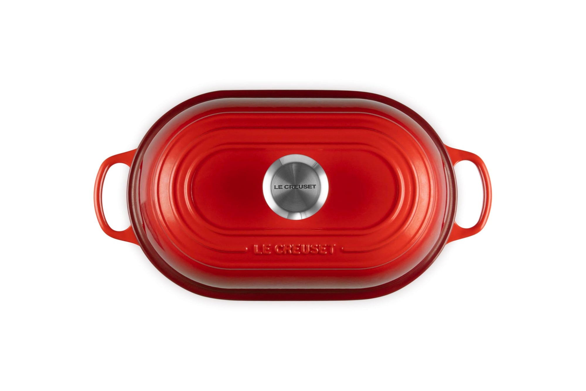 Top view of Cerise bread oven pan with lid and handles displayed on a white background