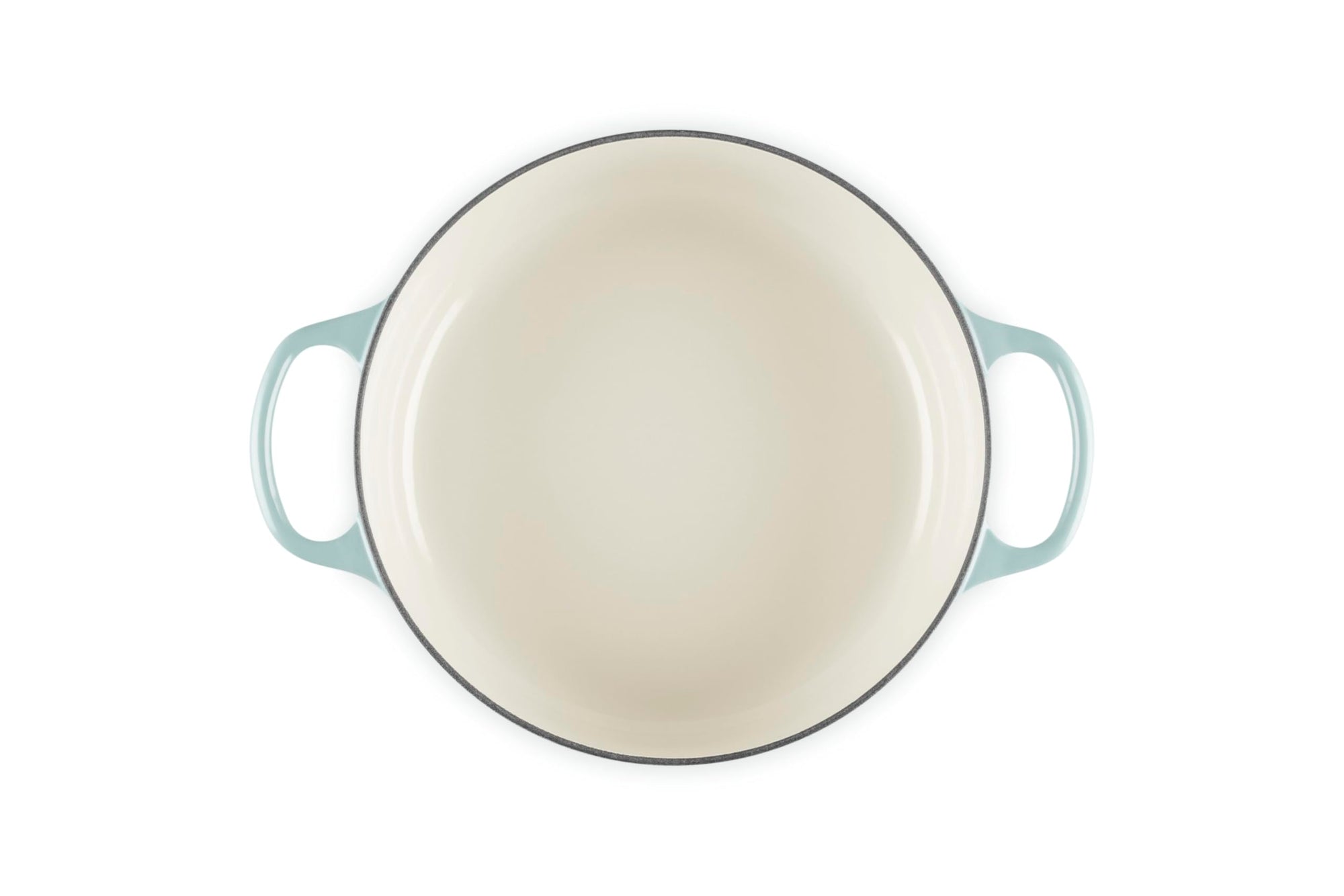 Top view of 3.5 qt Sea salt Le Creuset Signature Round Wide Dutch Oven displayed on a white background