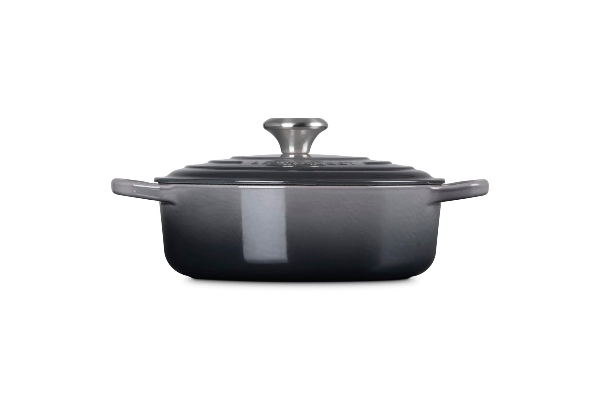 Side view of 3.5 qt Oyster Le Creuset Signature Round Wide Dutch Oven with a lid displayed on a white background