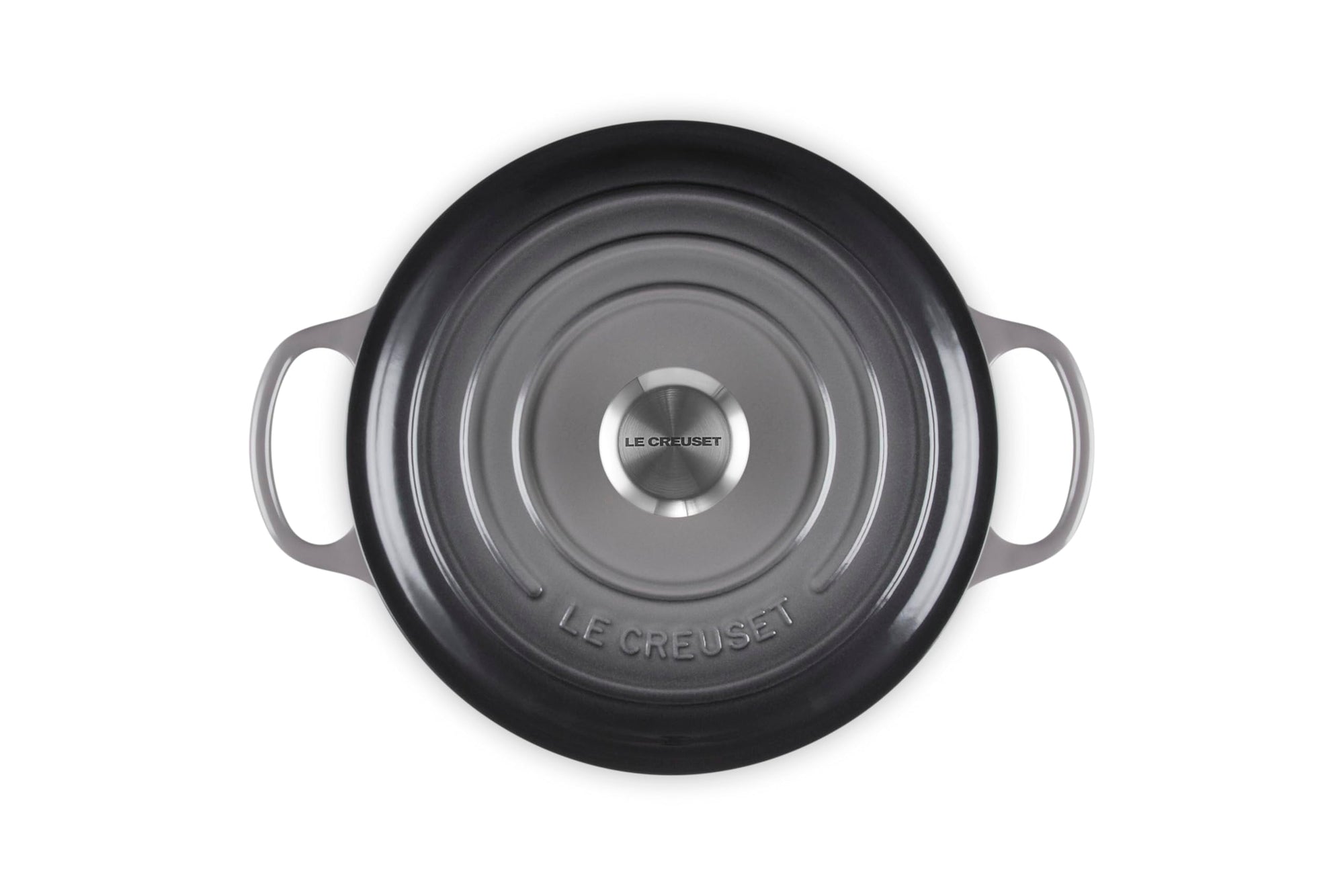 Top view of 3.5 qt Oyster Le Creuset Signature Round Wide Dutch Oven with a lid displayed on a white background