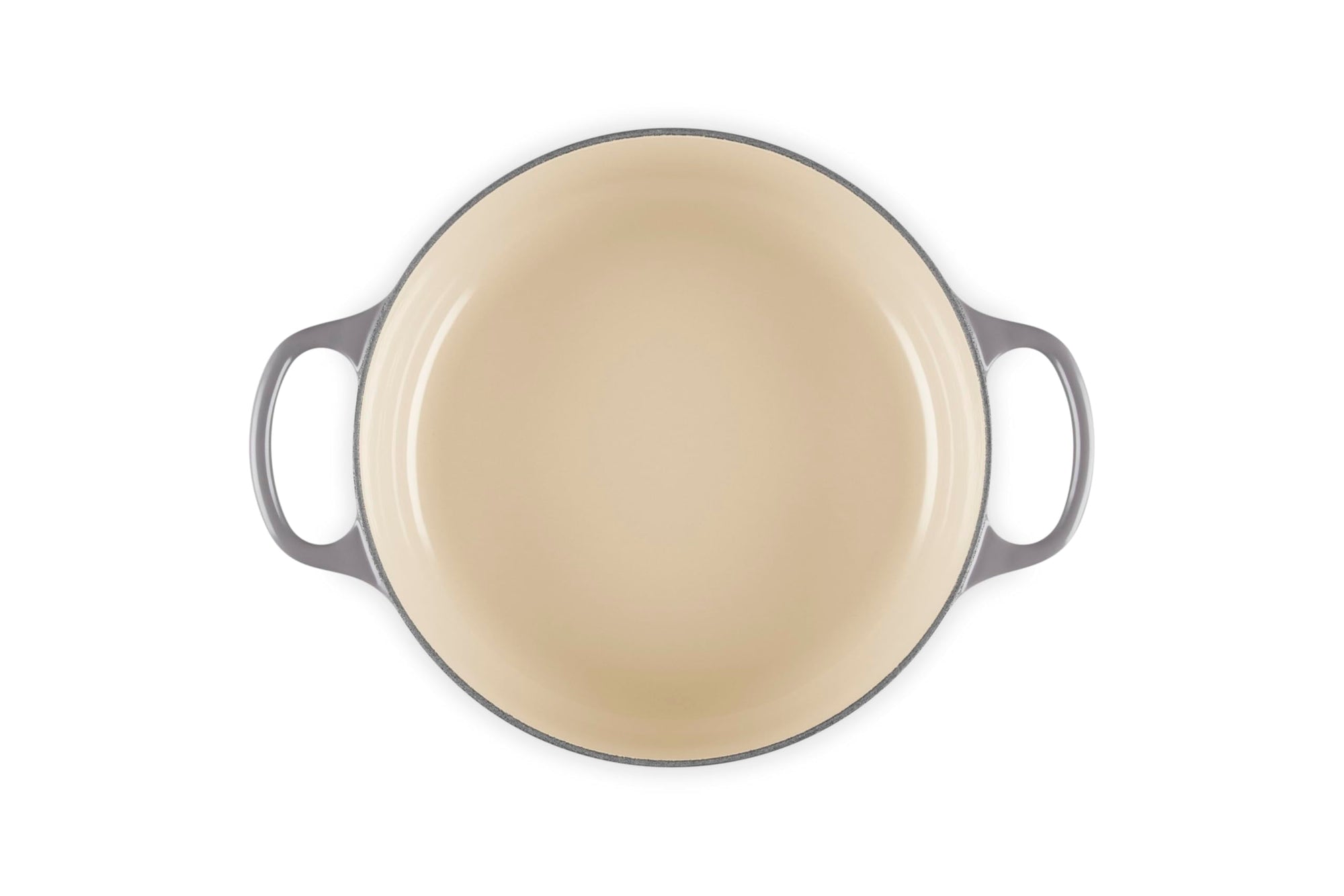 Top view of 3.5 qt Oyster Le Creuset Signature Round Wide Dutch Oven displayed on a white background