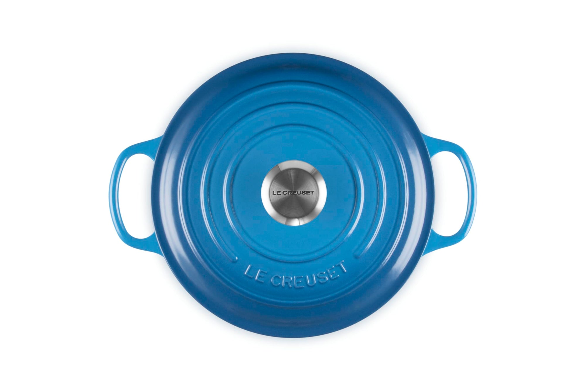 Top view of 3.5 qt Marseille Le Creuset Signature Round Wide Dutch Oven with a lid displayed on a white background