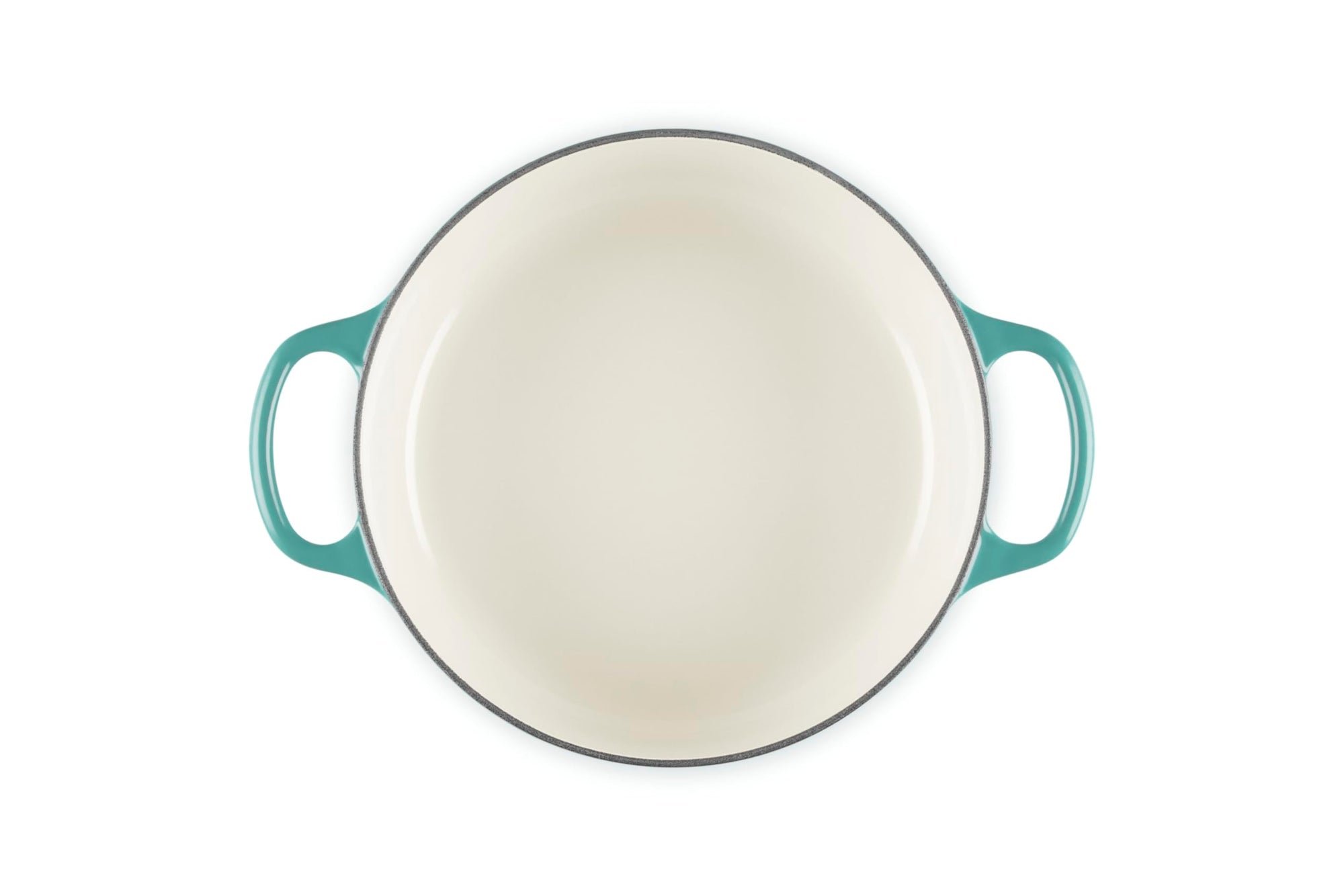 Top view of 3.5 qt riviera Le Creuset Signature Round Wide Dutch Oven displayed on a white background