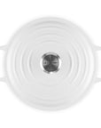 Top view of 3.5 qt white Le Creuset Signature Round Wide Dutch Oven with a lid displayed on a white background