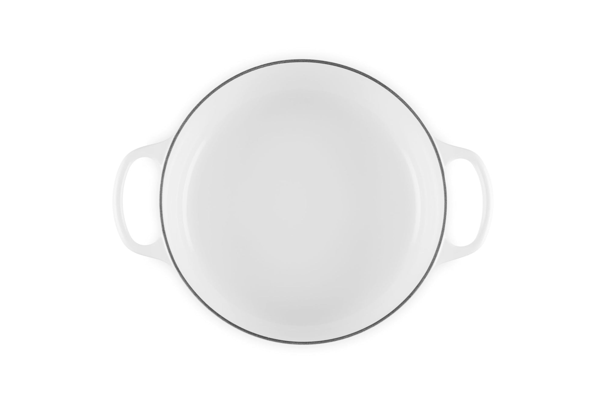 Top view of 3.5 qt white Le Creuset Signature Round Wide Dutch Oven displayed on a white background