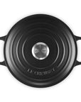 Top view of 3.5 qt Licorice Le Creuset Signature Round Wide Dutch Oven with a lid displayed on a white background