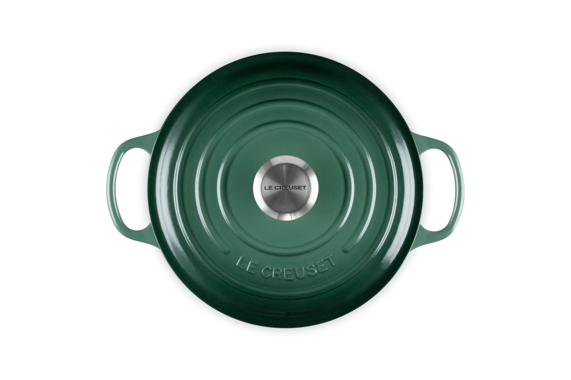 Top view of 3.5 qt artichaut Le Creuset Signature Round Wide Dutch Oven with a lid displayed on a white background