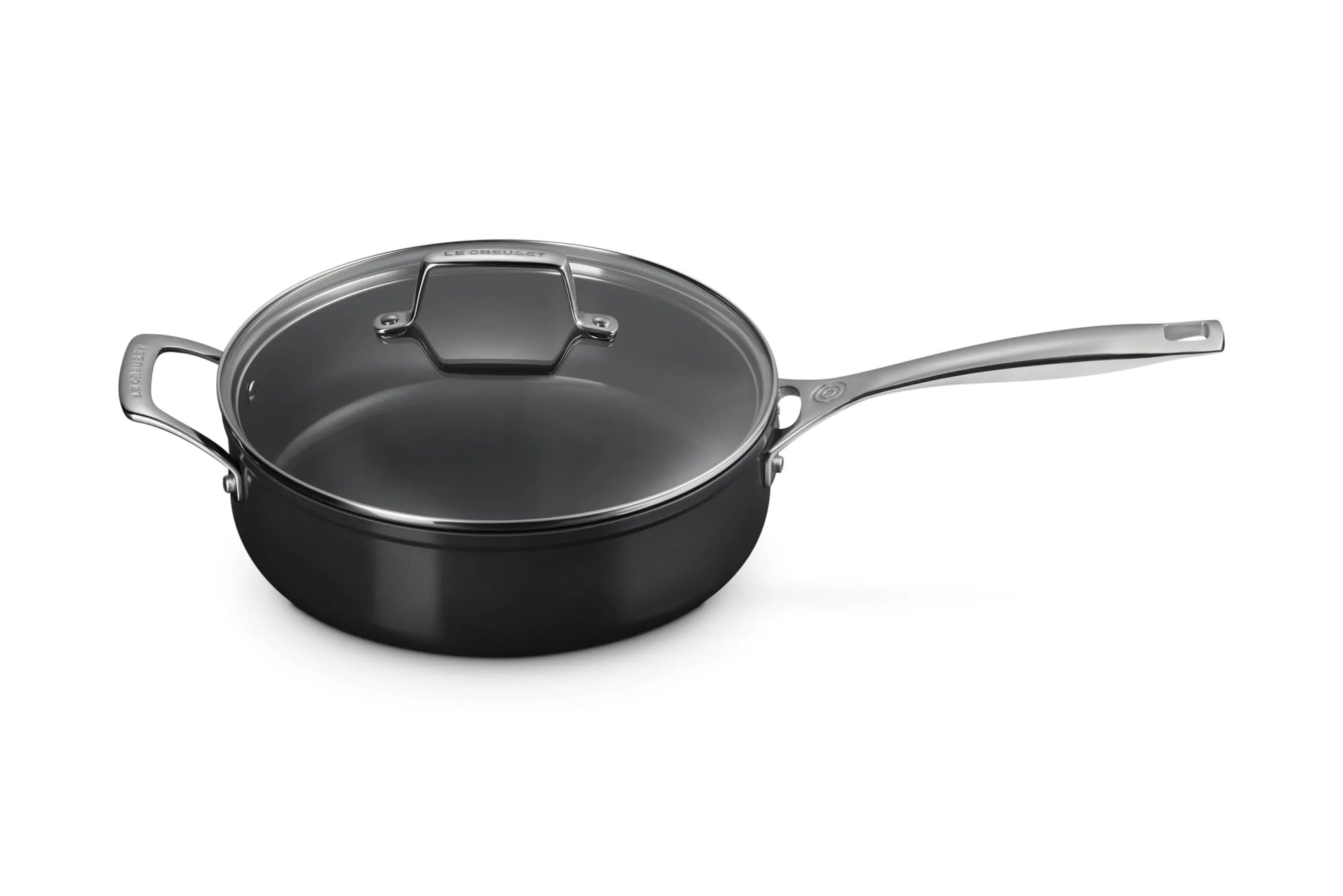 Le Creuset Essential Non-stick Ceramic 4.25 qt Sauté Pan with Lid and handles displayed on a white background