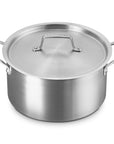 Le Creuset stainless steel pot with handles and lid displayed on a white background