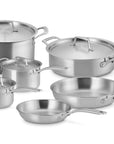 10 piece Le Creuset essential stainless steel cookware set displayed on a white background