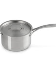 Le Creuset stainless steel pot with handles and lid displayed on a white background
