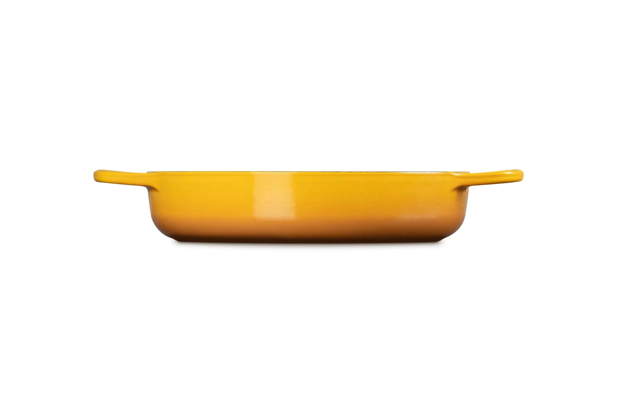 A bright yellow rectangular baking dish with two small side handles, shown from a front-facing perspective on a solid white background.