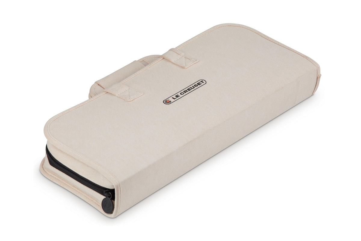 Beige travel bag with a visible brand logo on a white background