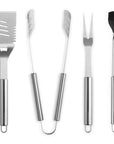 Set of five stainless steel barbecue tools on a white background
