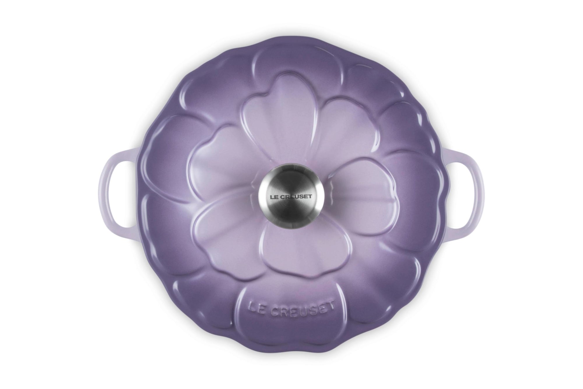 Purple cookware lid with floral design on a white background