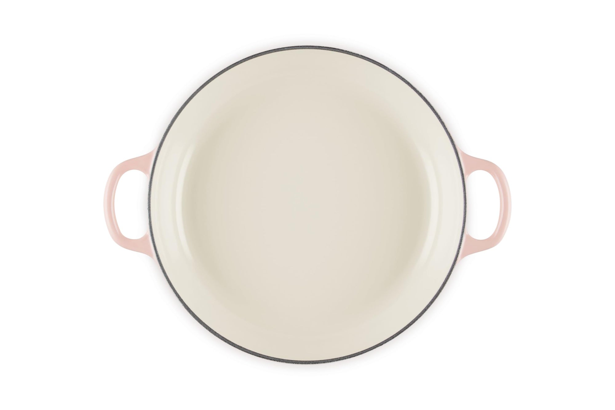 Round enamel pan with peche handles on a white background
