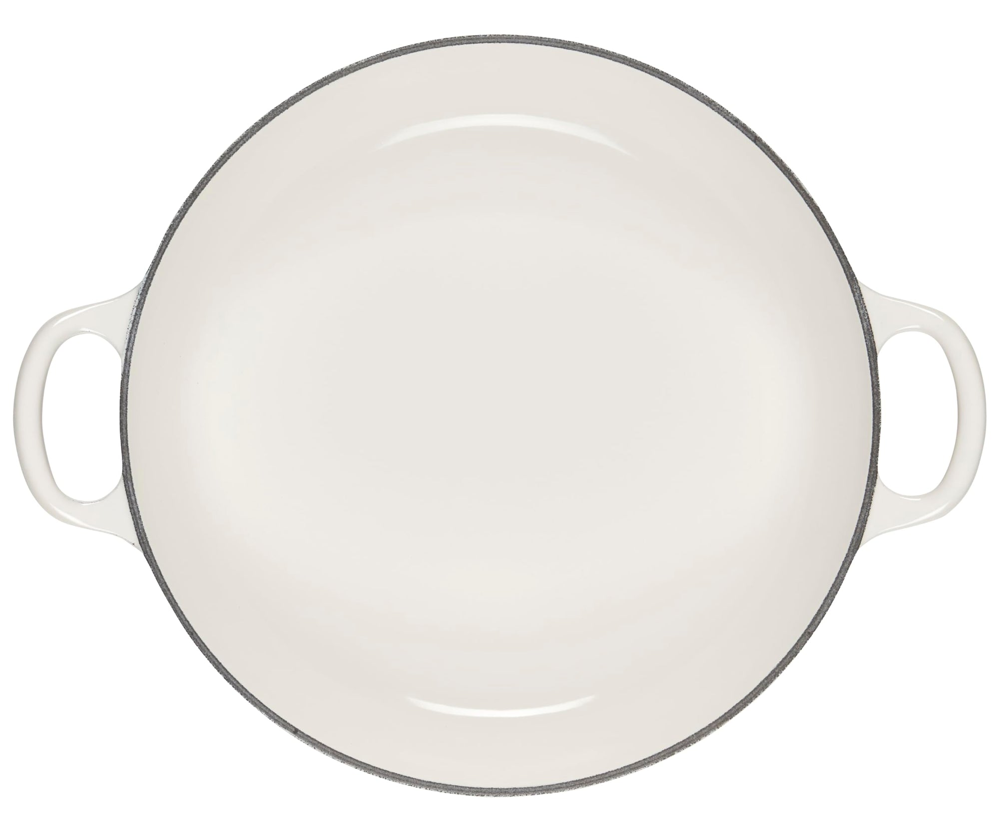 White enameled cast iron Dutch oven with black rim on a white background