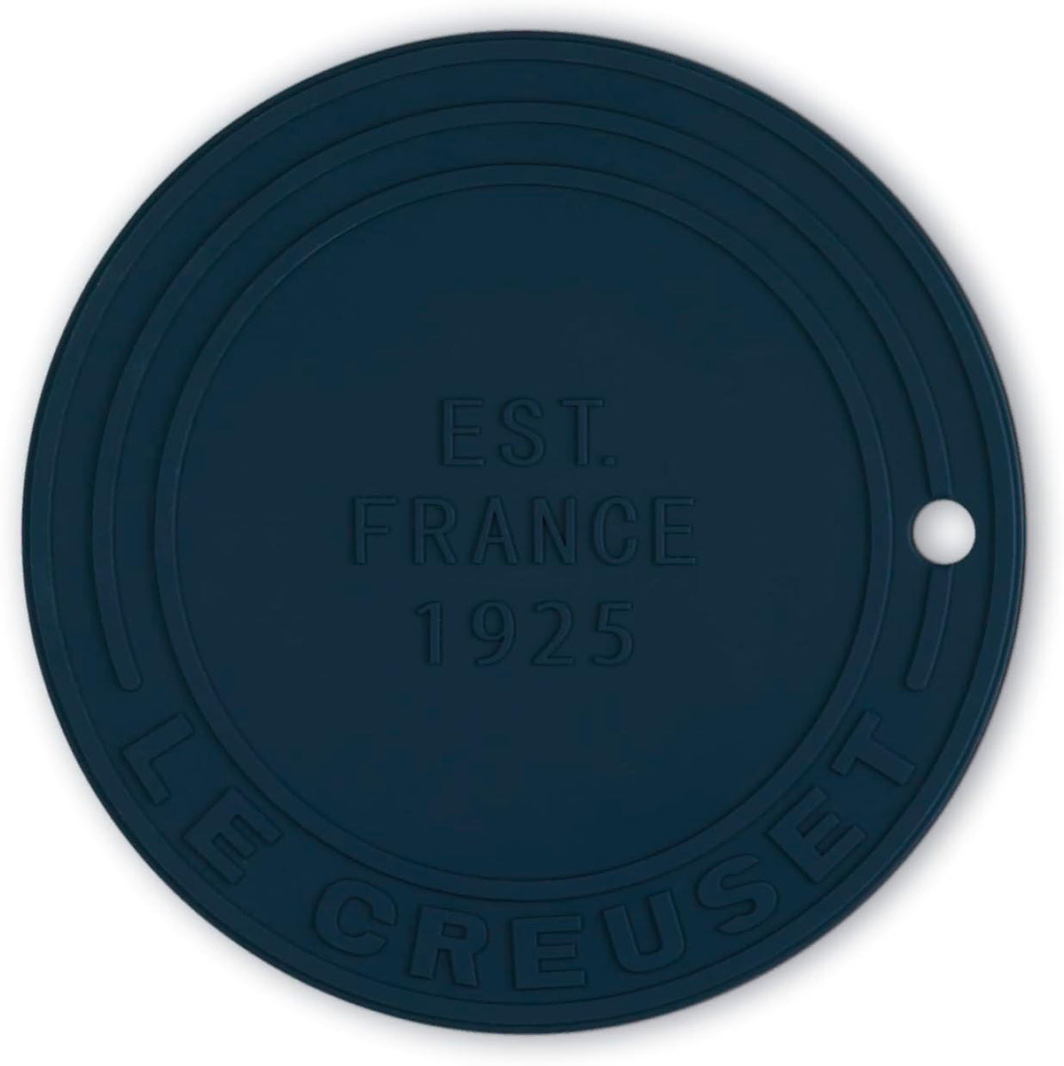 Dark blue silicone trivet displayed on a white background
