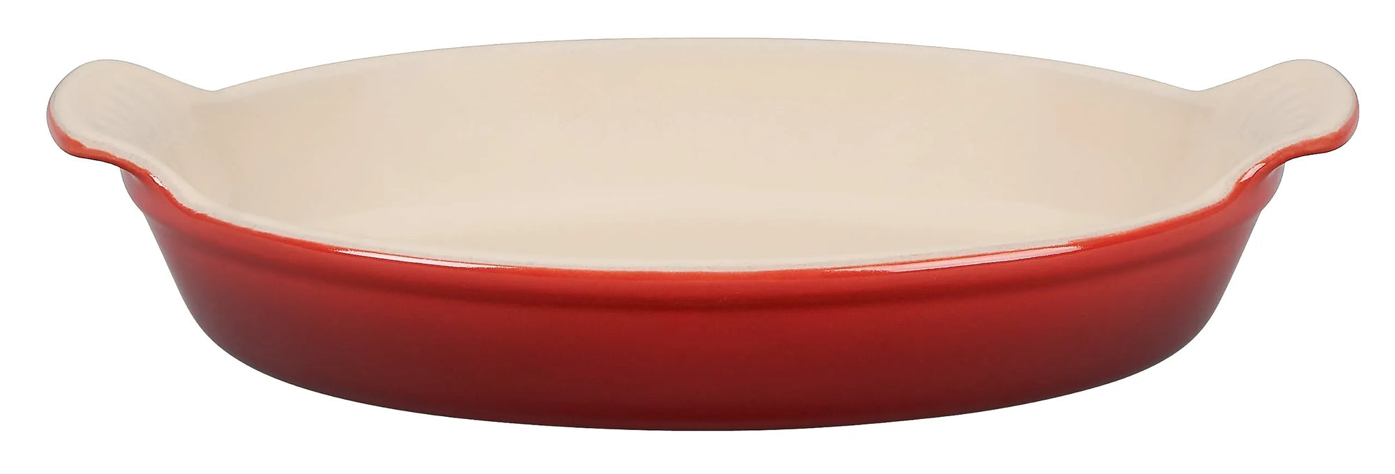 Side view of Cerise Heritage 1.7 Qt Oval Dish displayed on a white background