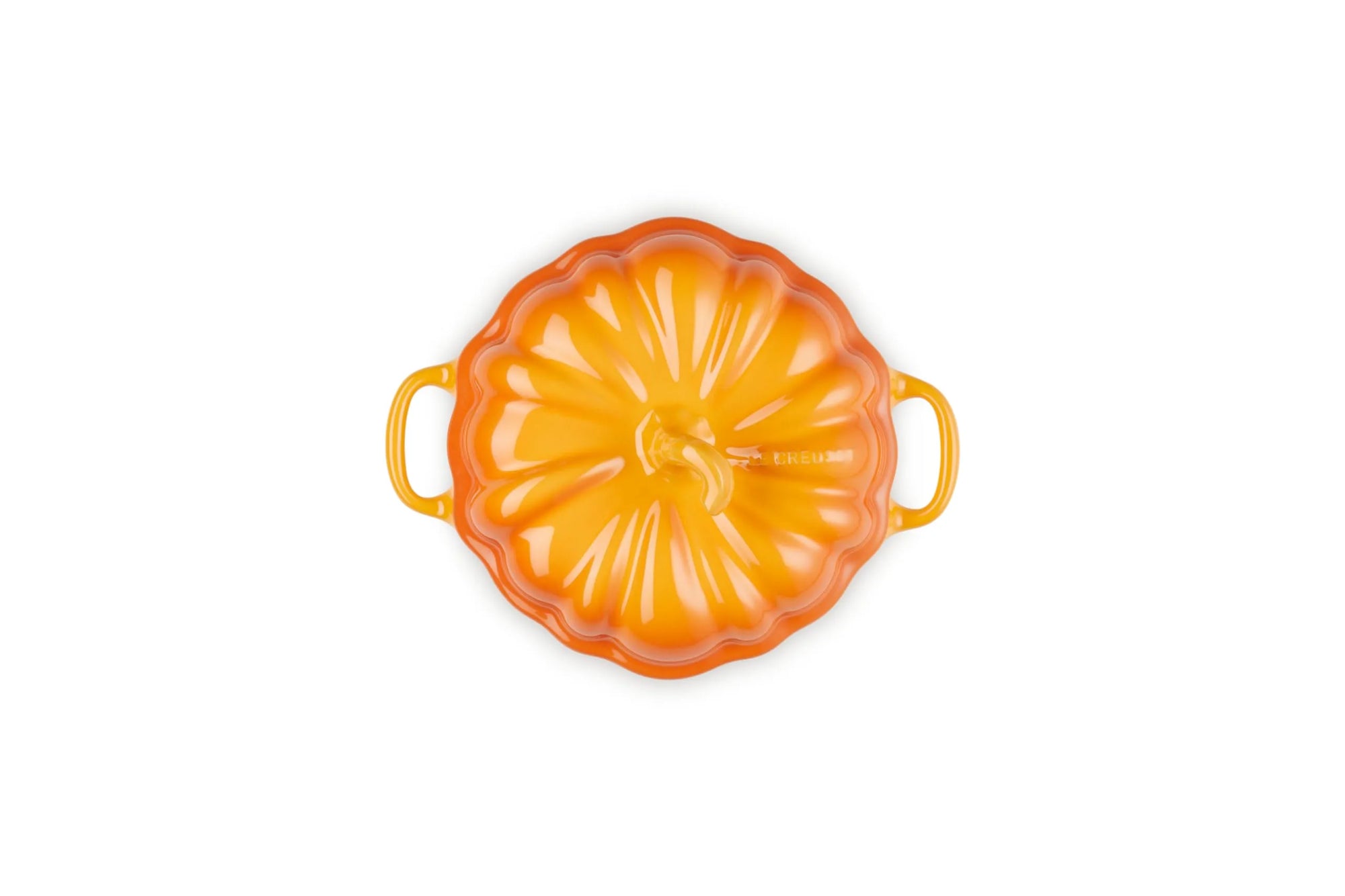 A persimmon enameled cast iron Dutch oven lid with a ribbed pumpkin-like design and side handles, shown from a top-down view on a white background.