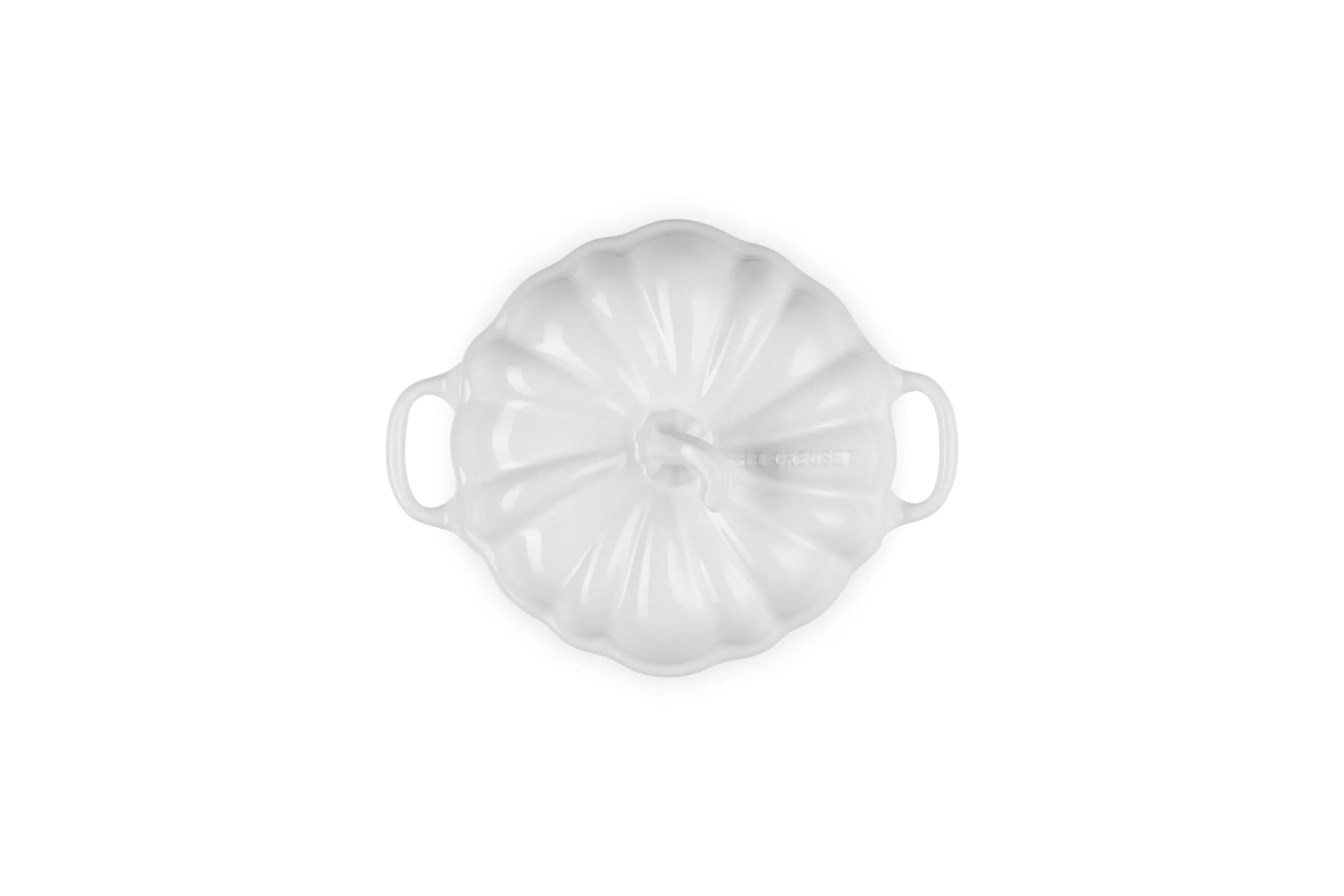 A white enameled cast iron Dutch oven lid with a ribbed pumpkin-like design and side handles, shown from a top-down view on a white background.