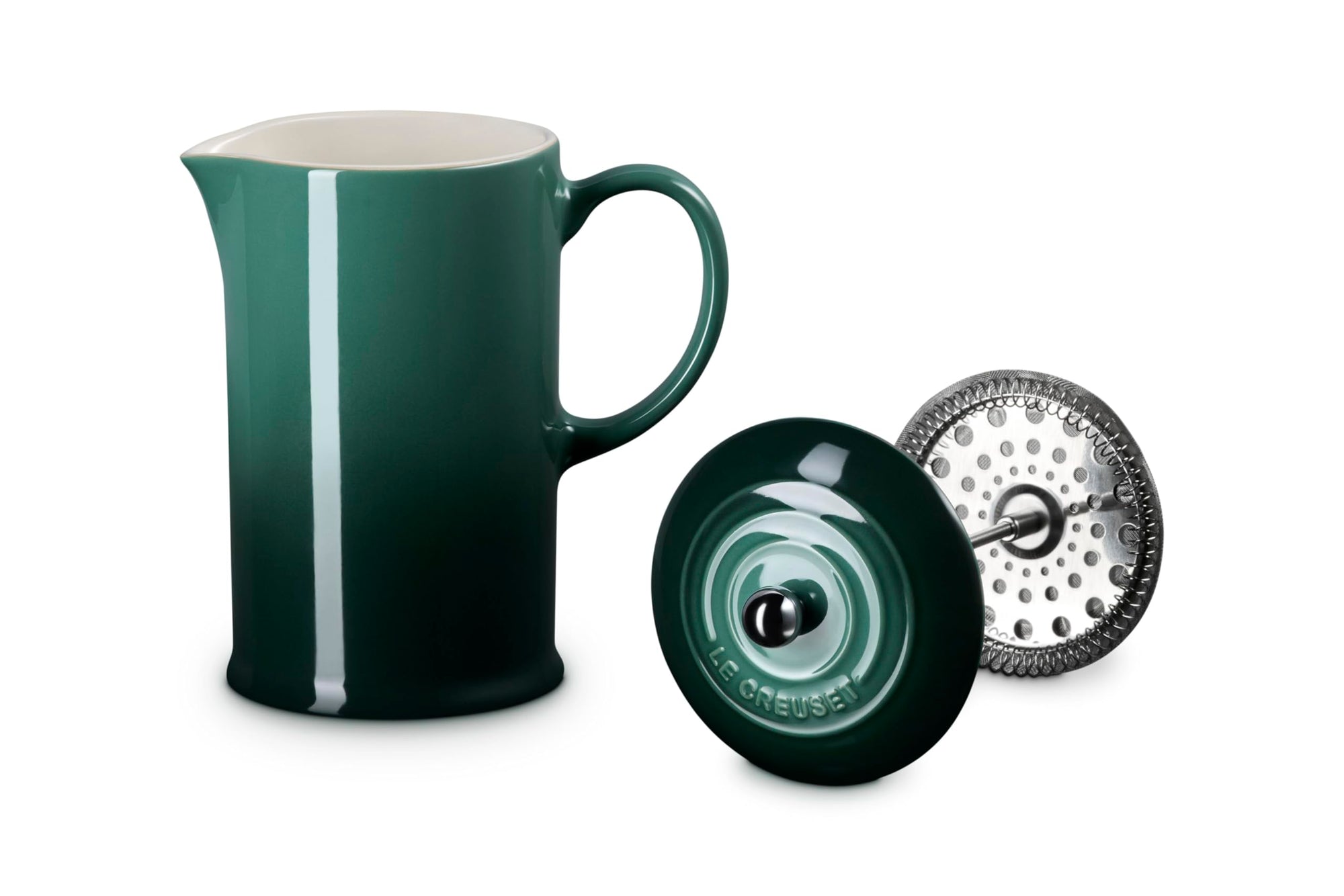 Artichaut Le Creuset Stoneware French Press, 34 oz. with attachment on the side displayed on a white background