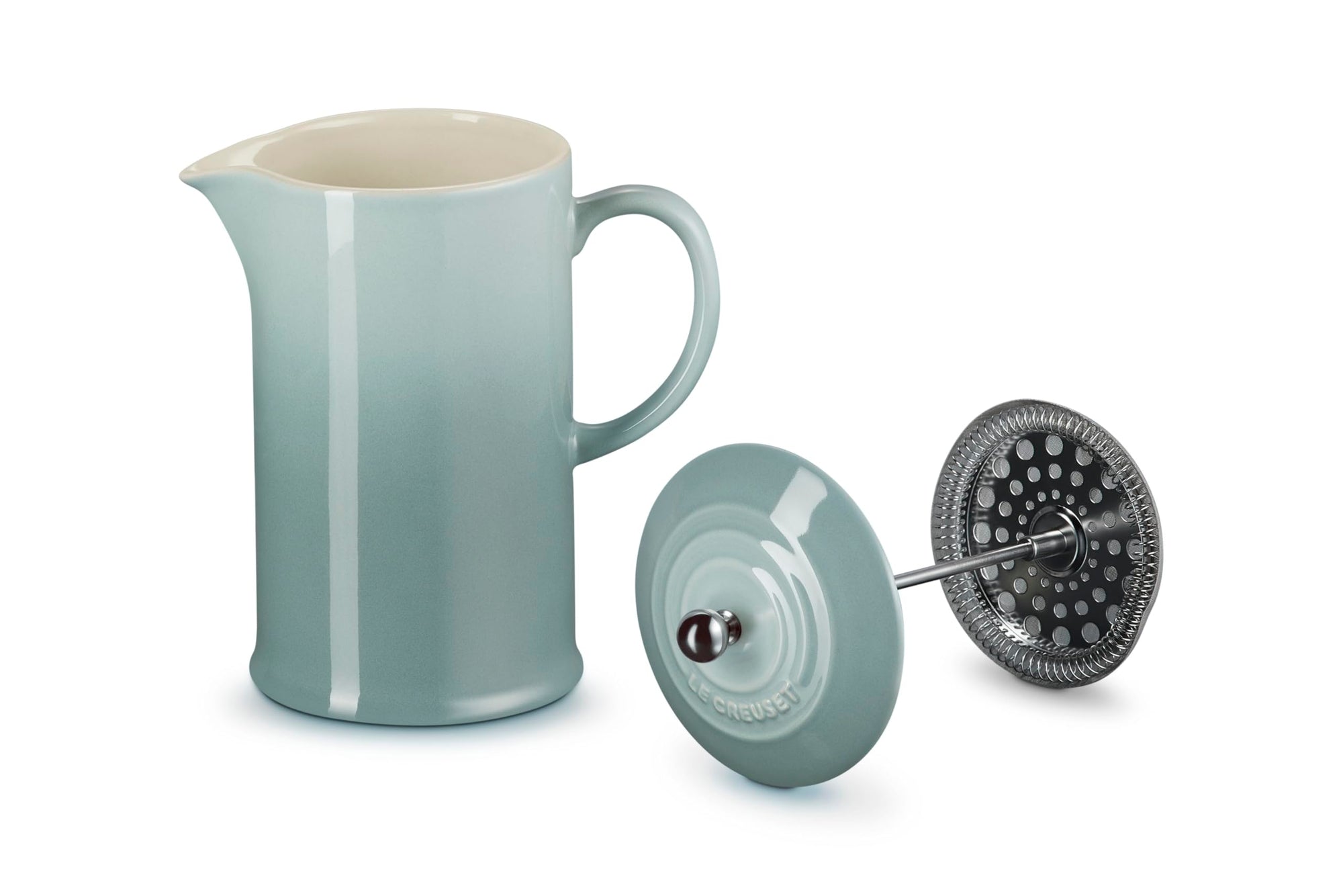 Sea Salt Le Creuset Stoneware French Press, 34 oz. with attachment on the side displayed on a white background