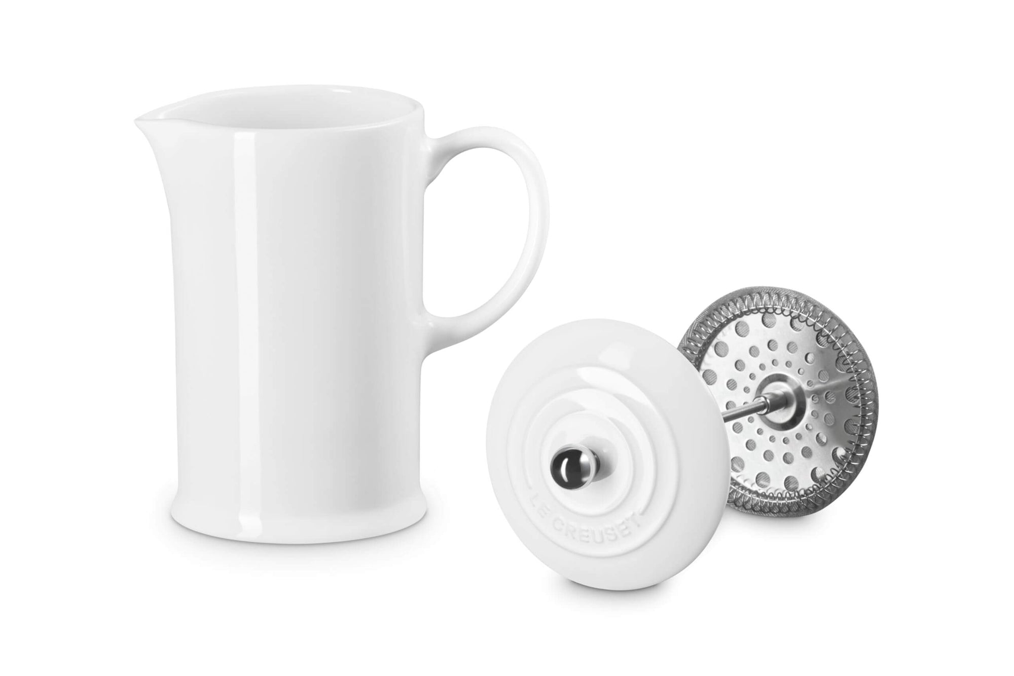 White Le Creuset Stoneware French Press, 34 oz. with attachment on the side displayed on a white background