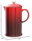 Cerise Le Creuset Stoneware French Press, 34 oz. with dimensions displayed on a white background