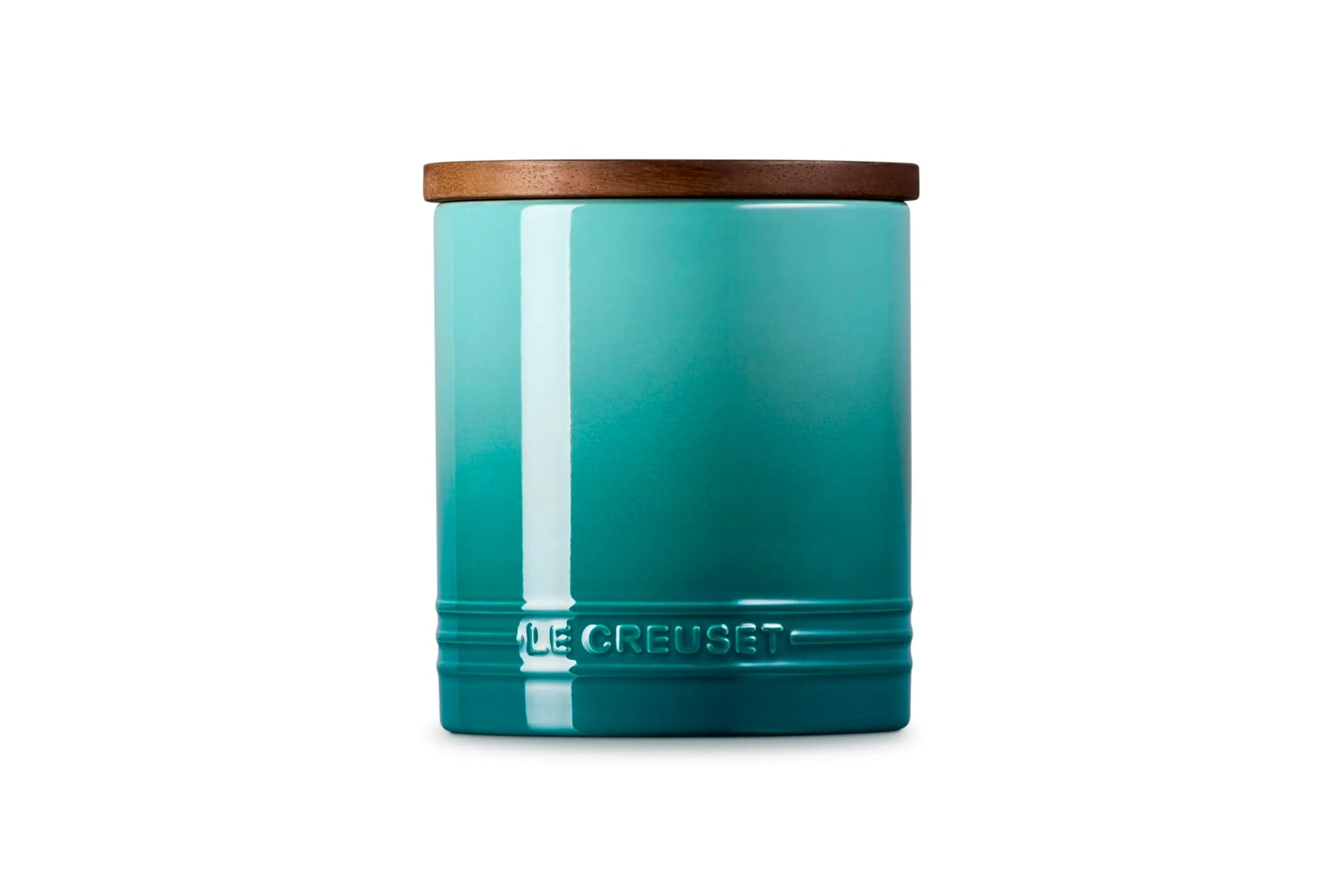 Front view of Riviera 16oz Le Creuset Stoneware Signature Canister with a wood lid on a white background