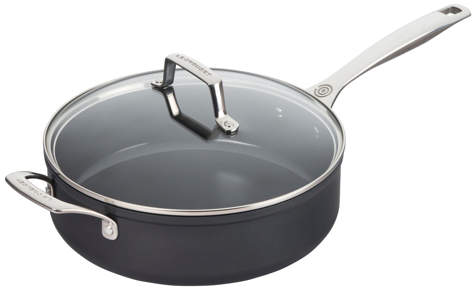 Black frying pan with a glass lid on a white background