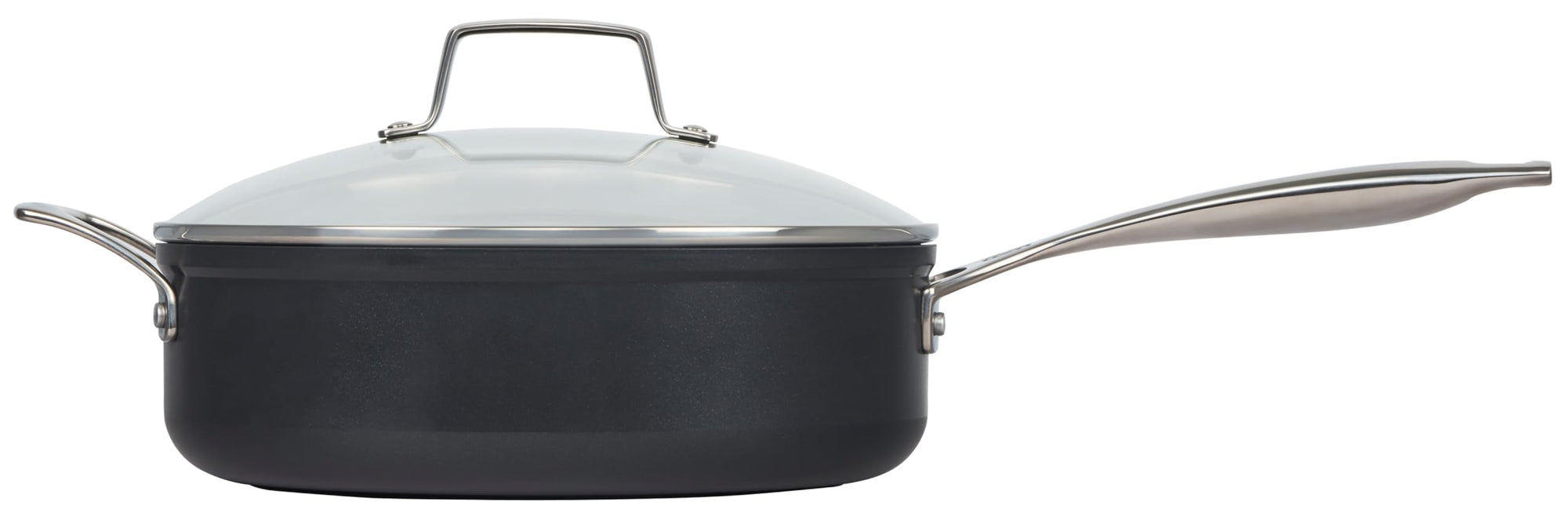Side view of black cookware set with silver handle and lid on a white background