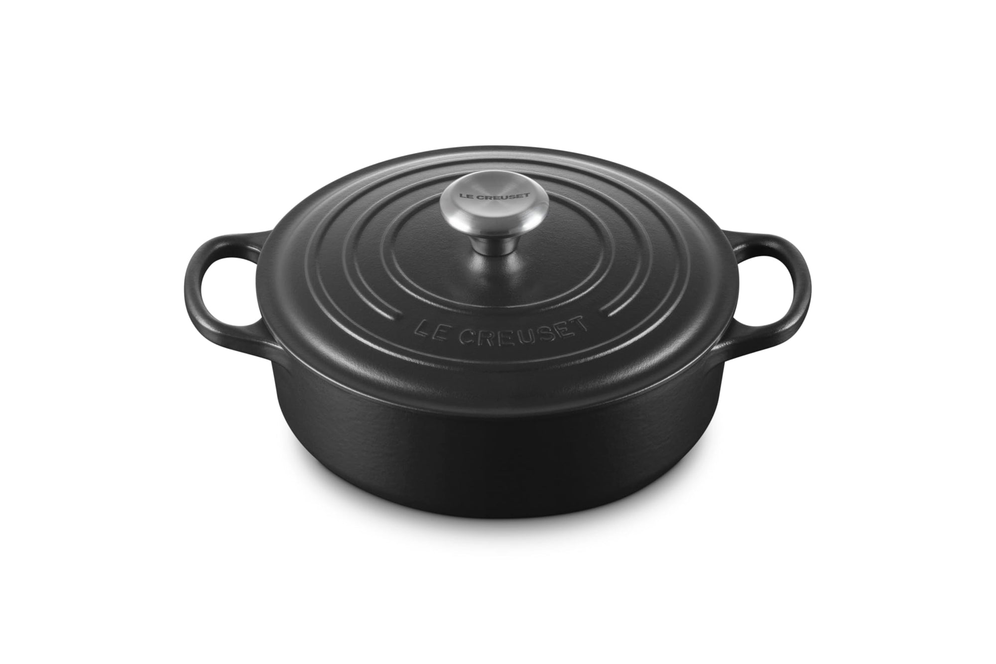 3.5 qt Licorice Le Creuset Signature Round Wide Dutch Oven with a lid displayed on a white background