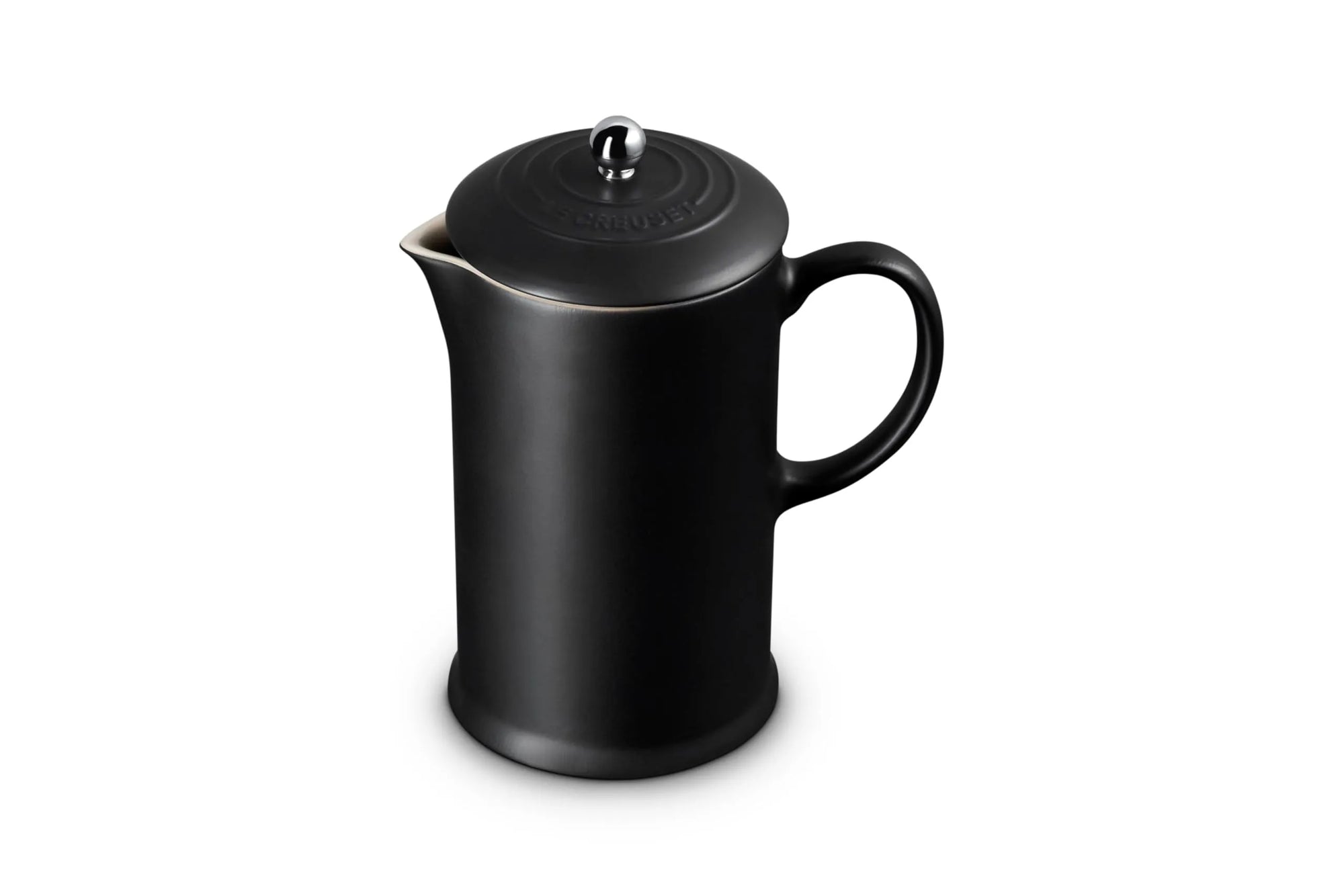 A matte black French press coffee maker with a matching lid, shown on a clean white background.