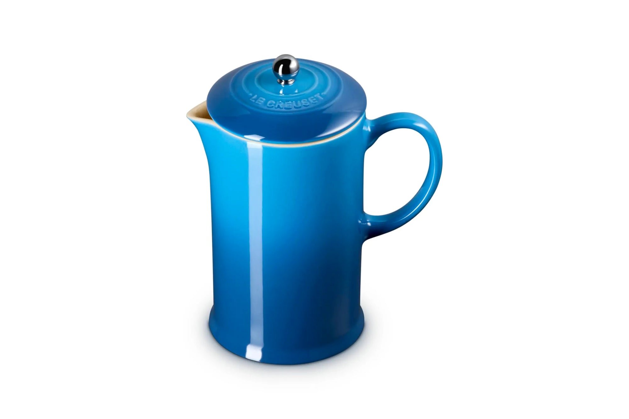 A vibrant blue enameled metal French press coffee maker with a matching lid, shown on a clean white background.