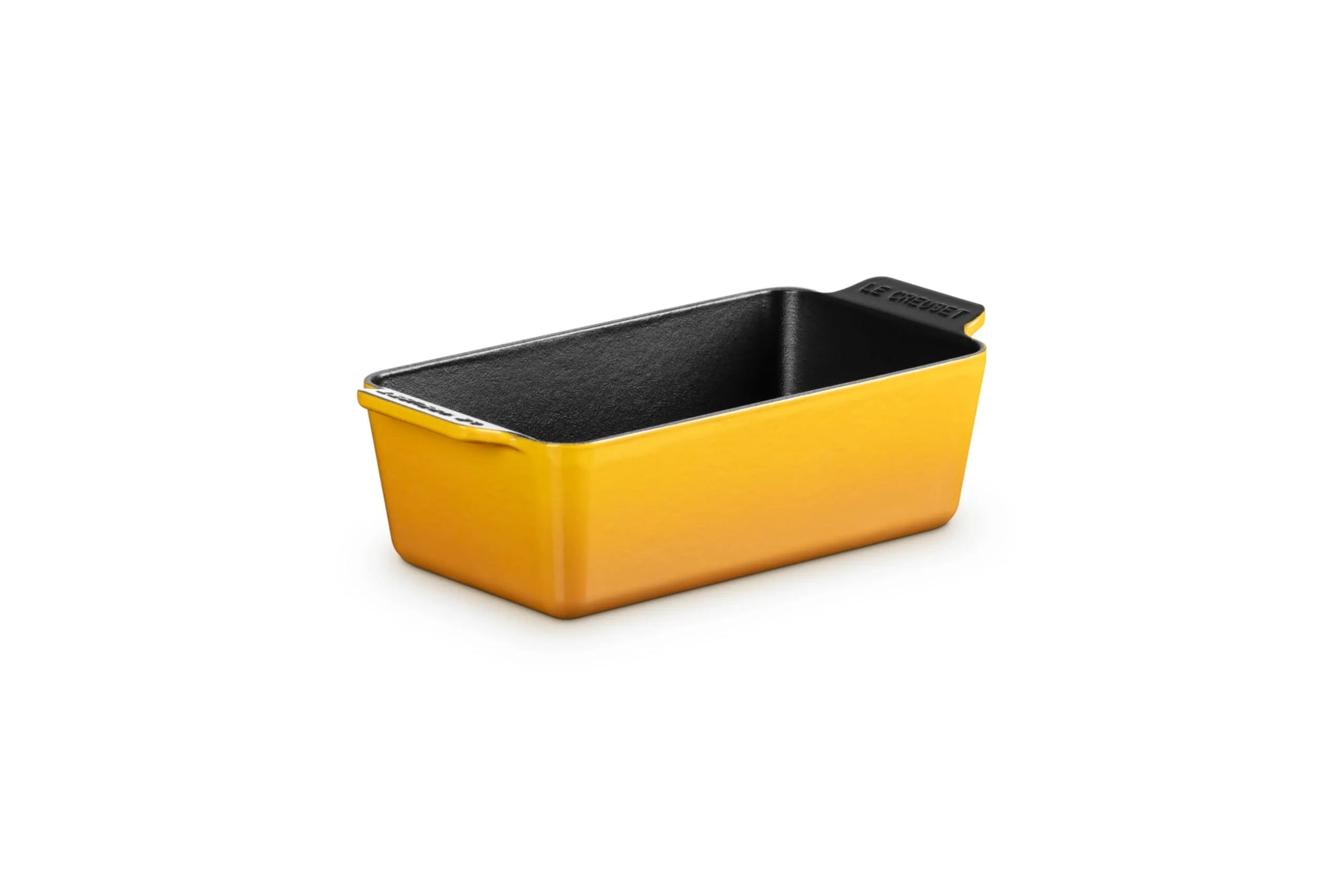 A rectangular loaf pan with a bright yellow exterior and a black textured interior, shown on a clean white background.