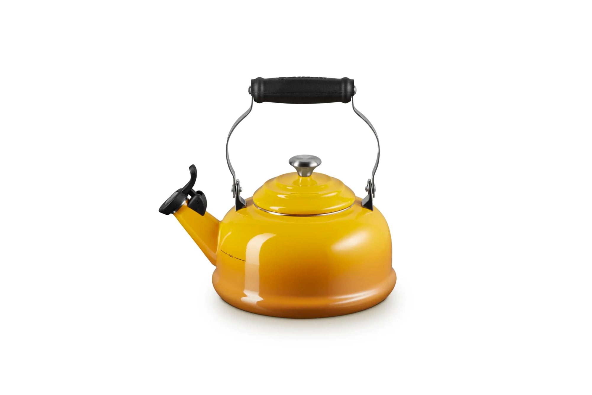 A glossy yellow-orange enamel kettle with a black handle and spout lever, isolated on a white background.