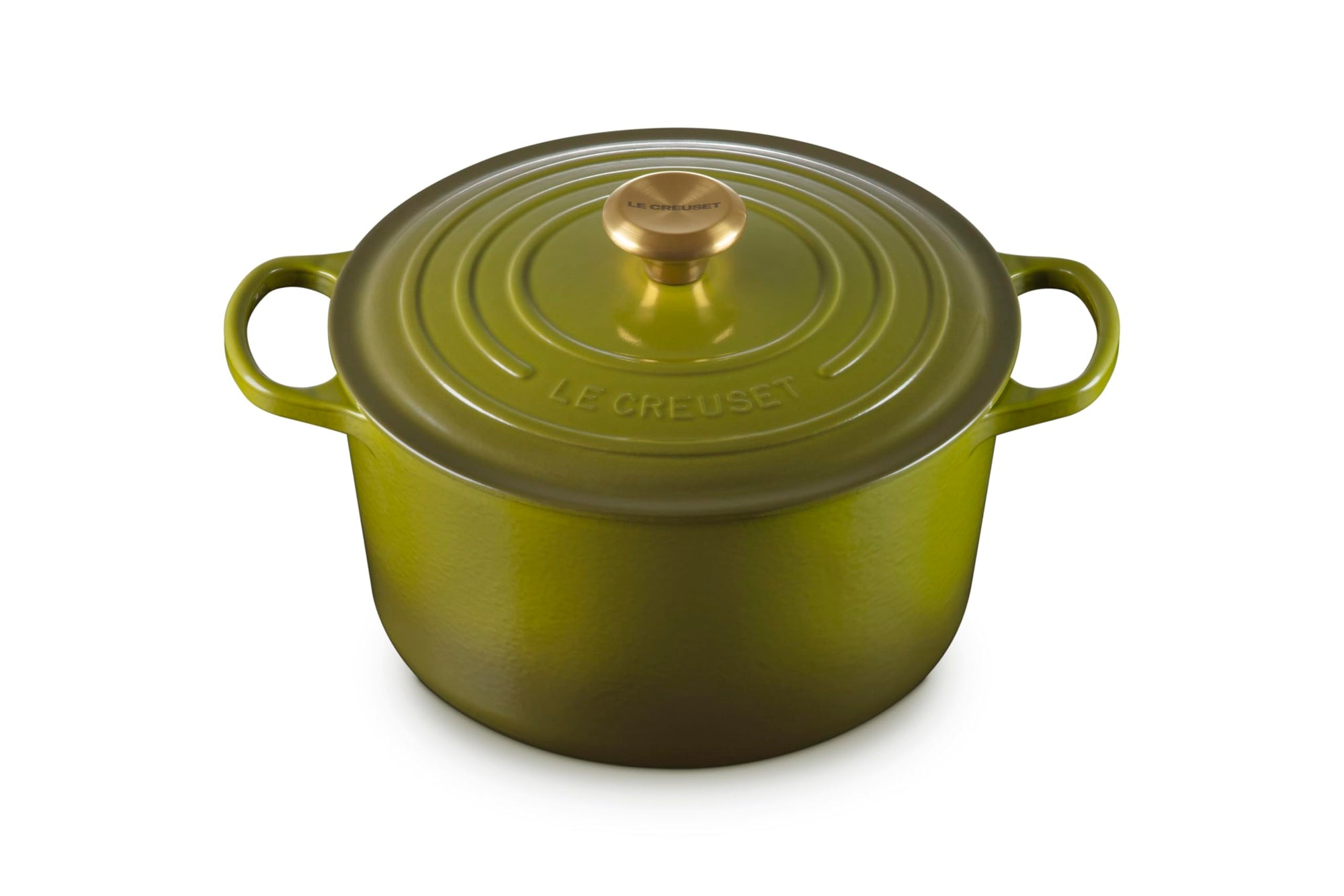 Olive Le Creuset Dutch oven on a white background