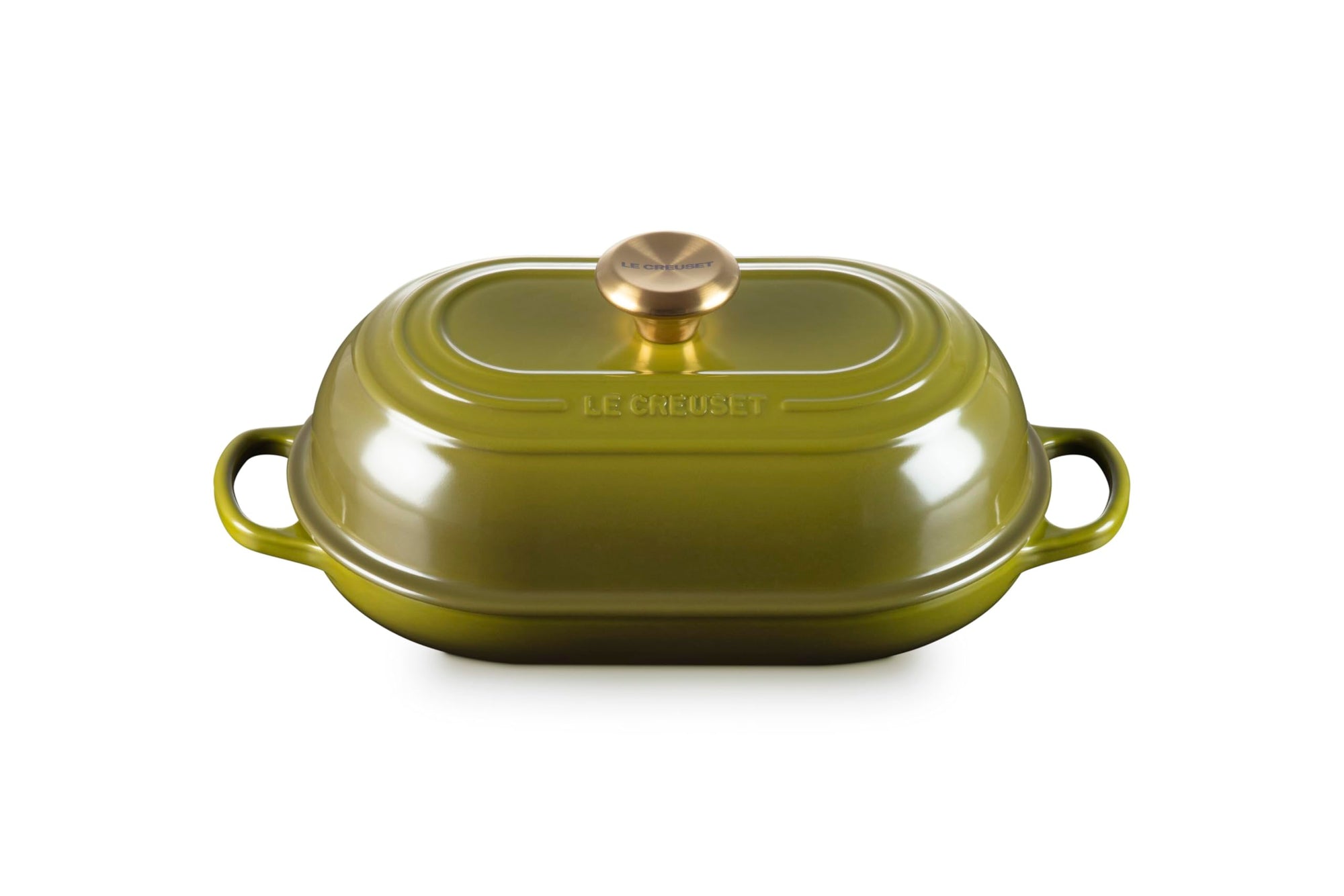 Olive bread oven pan with lid and handles displayed on a white background