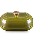 Olive bread oven pan with lid and handles displayed on a white background