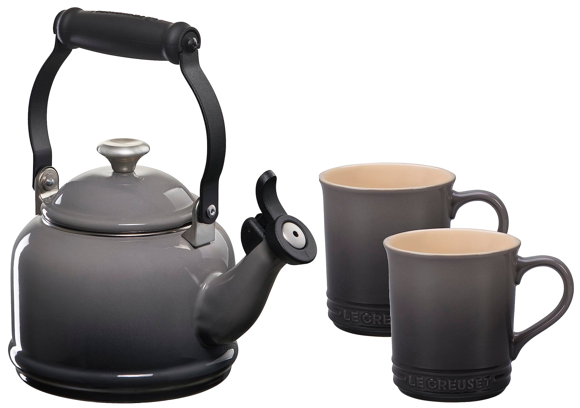 Oyster stovetop kettle with two oyster colored mugs