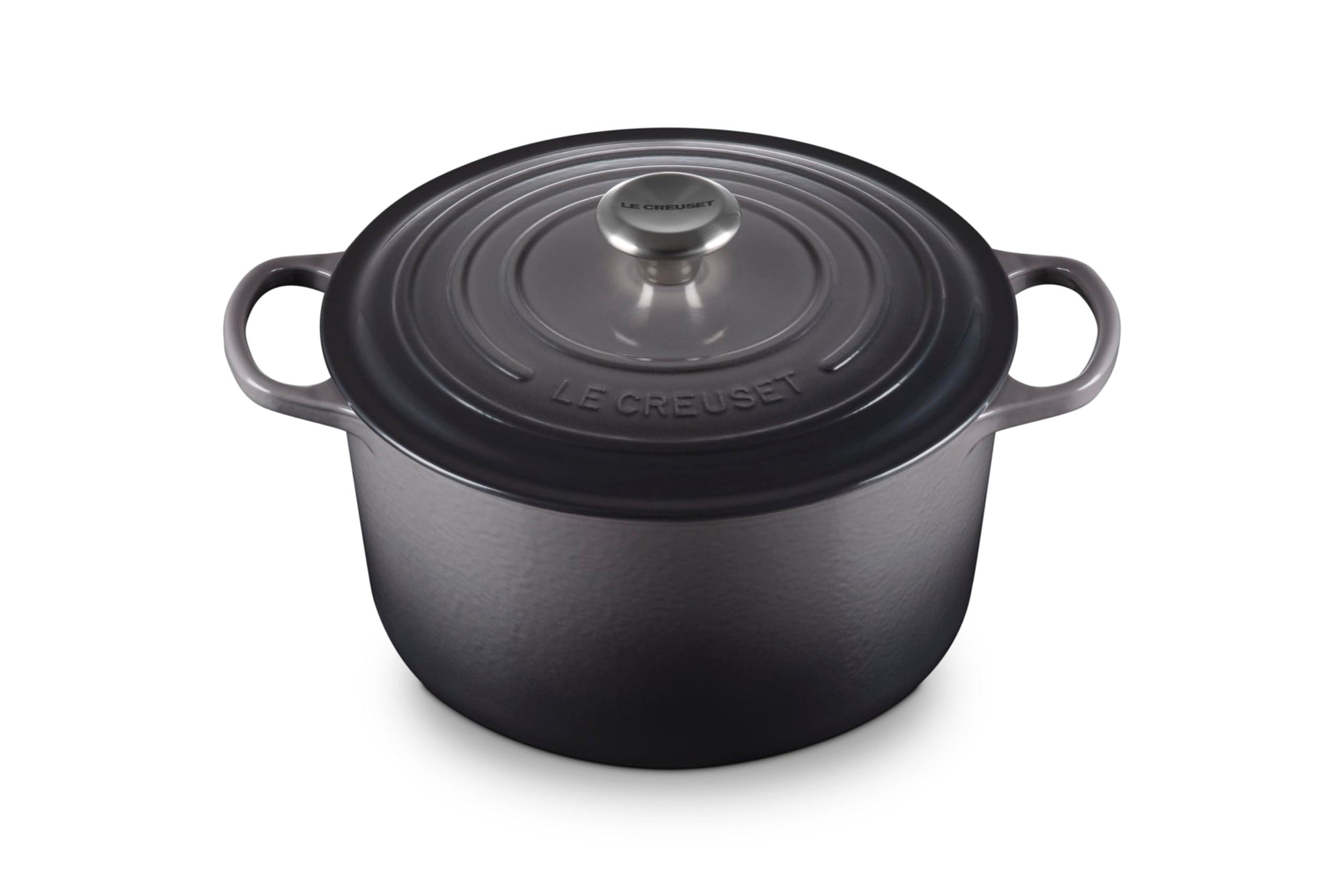 Oyster cast iron round oven with handles and lid displayed on a white background