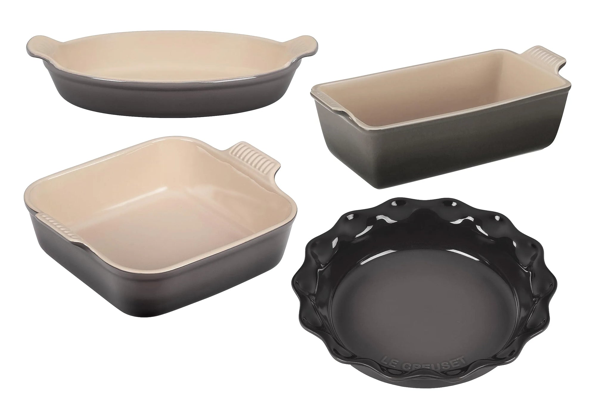 Set of 4 oyster Le Creuset Stoneware Heritage Bakeware set displayed on a white background