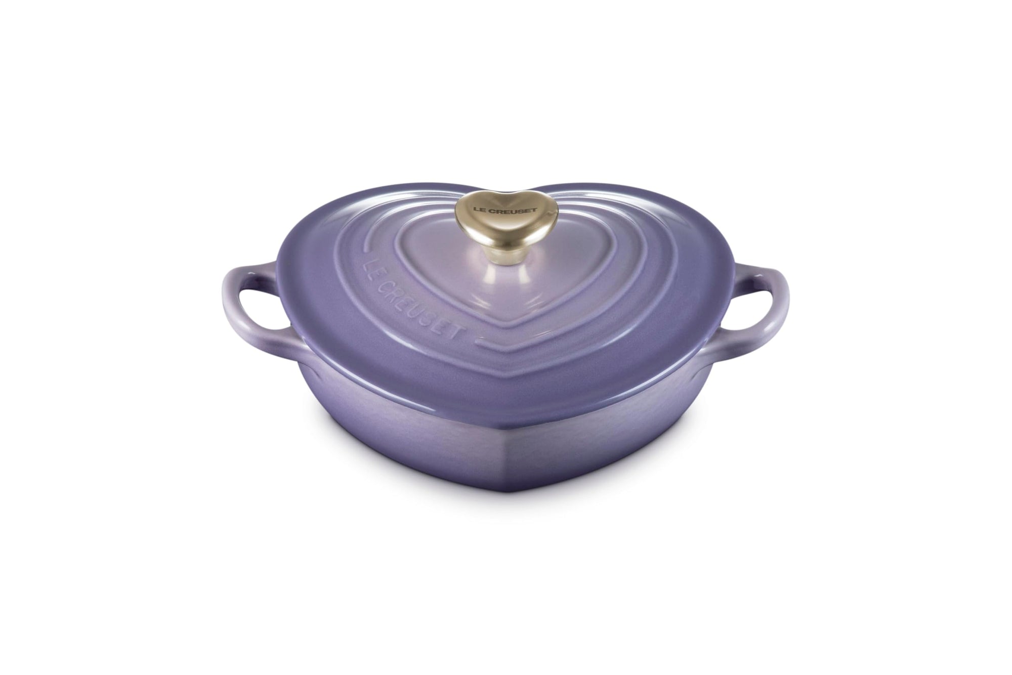 Provence heart shaped 1.25 qt cocotte with handles and a light gold heart knob displayed on a white background